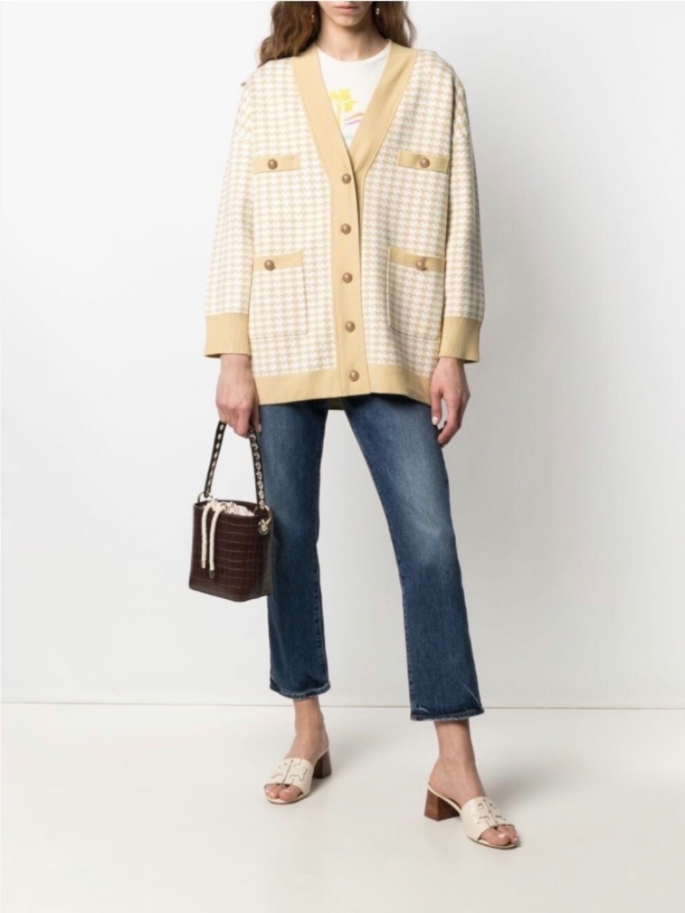 NWT SANDRO PARIS  HOUNDSTOOTH CARDIGAN IN BEIGE/YELLOW SIZE 3 ( L )